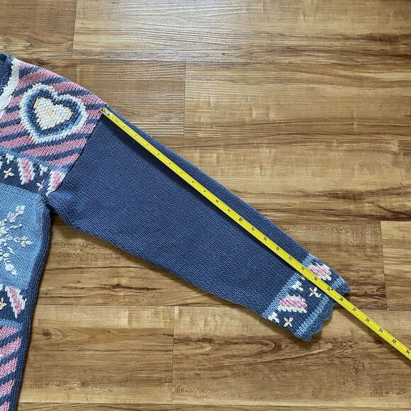 VINTAGE 90s Women M Blue Granny Core Heart Patchwork Heavy Knit Sweater Cottage - Picture 13 of 16